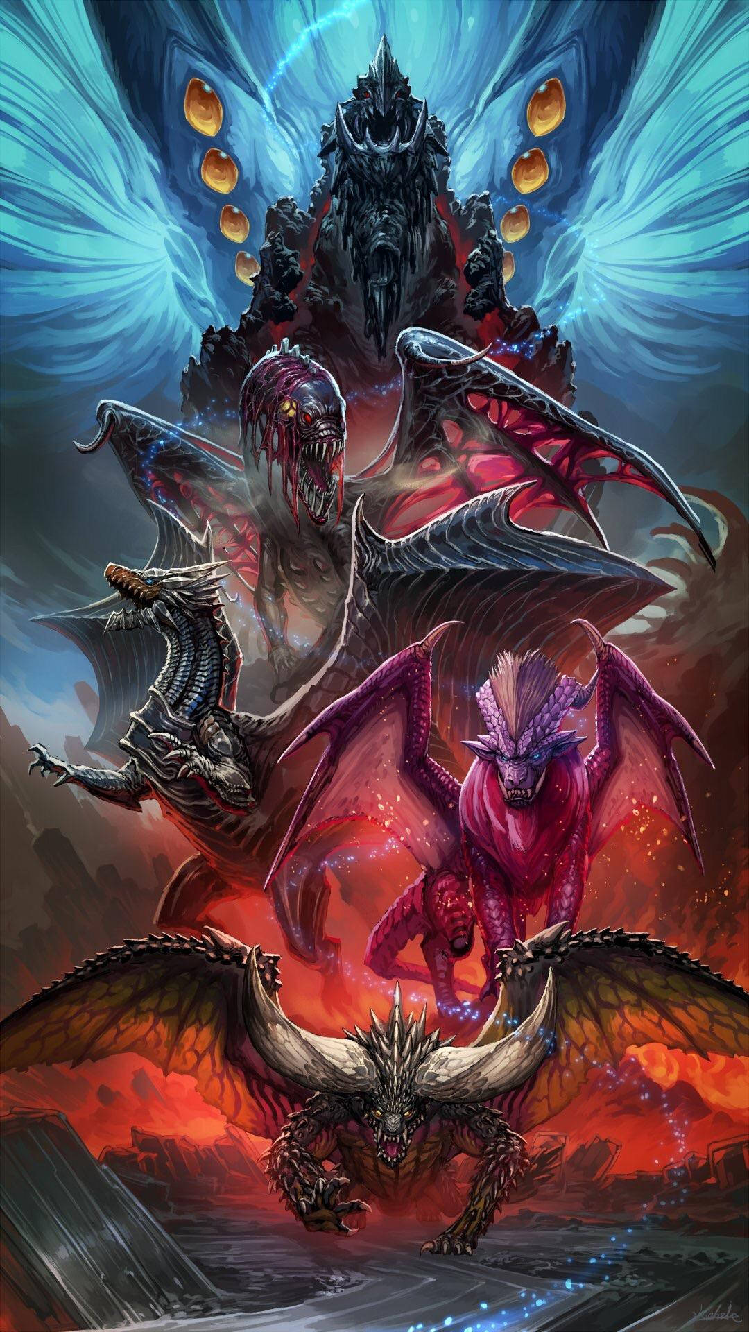 monster hunter iPhone 桌布 壁紙 — 三隻擁有發光眼睛和尖刺翅膀的怪獸龍在黑暗堡壘上方的火熱天空中翱翔。