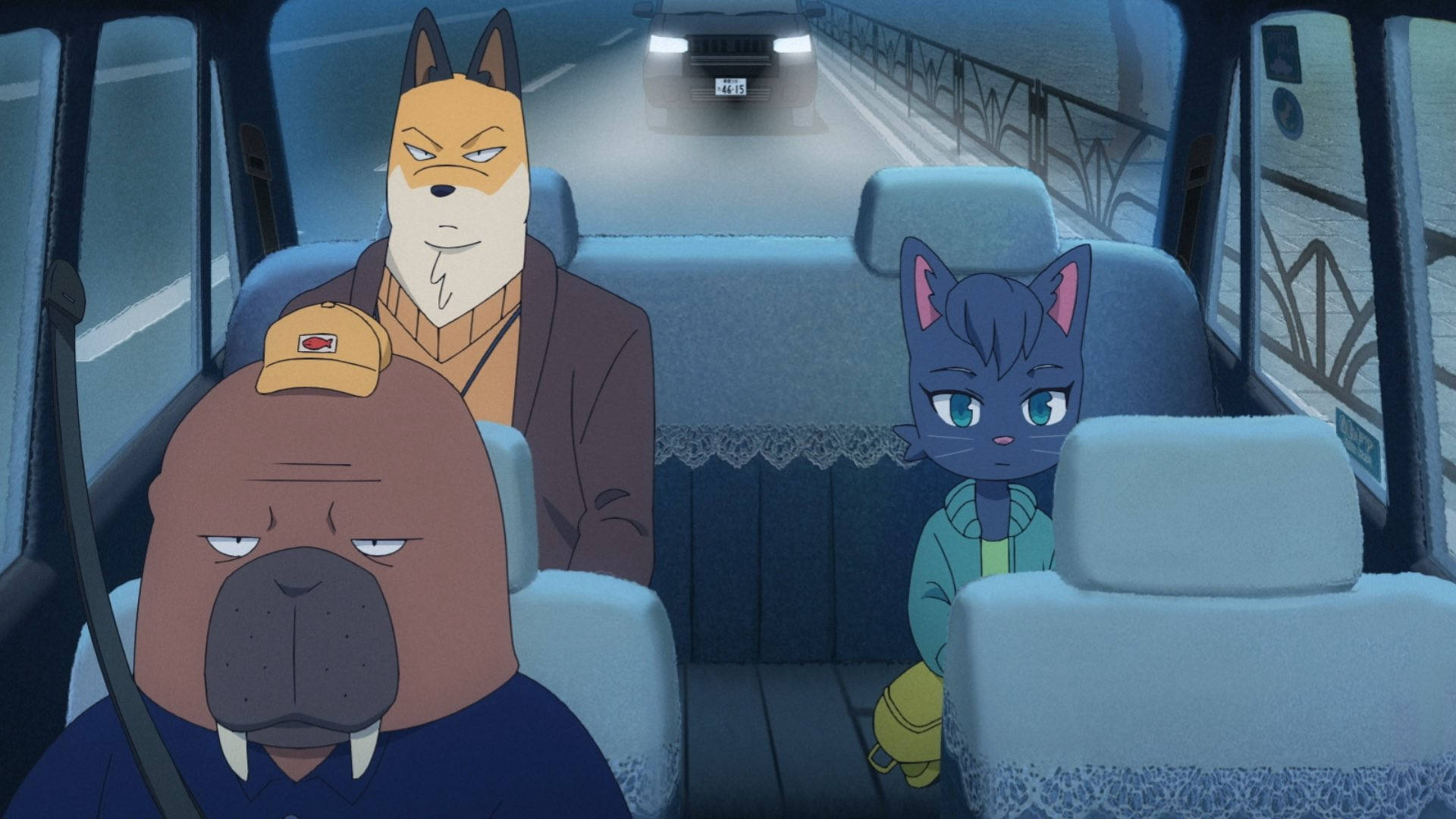 taxi 桌布 壁紙 — 三隻擬人化動物夜晚坐在車內，前方橋上有車輛駛近。