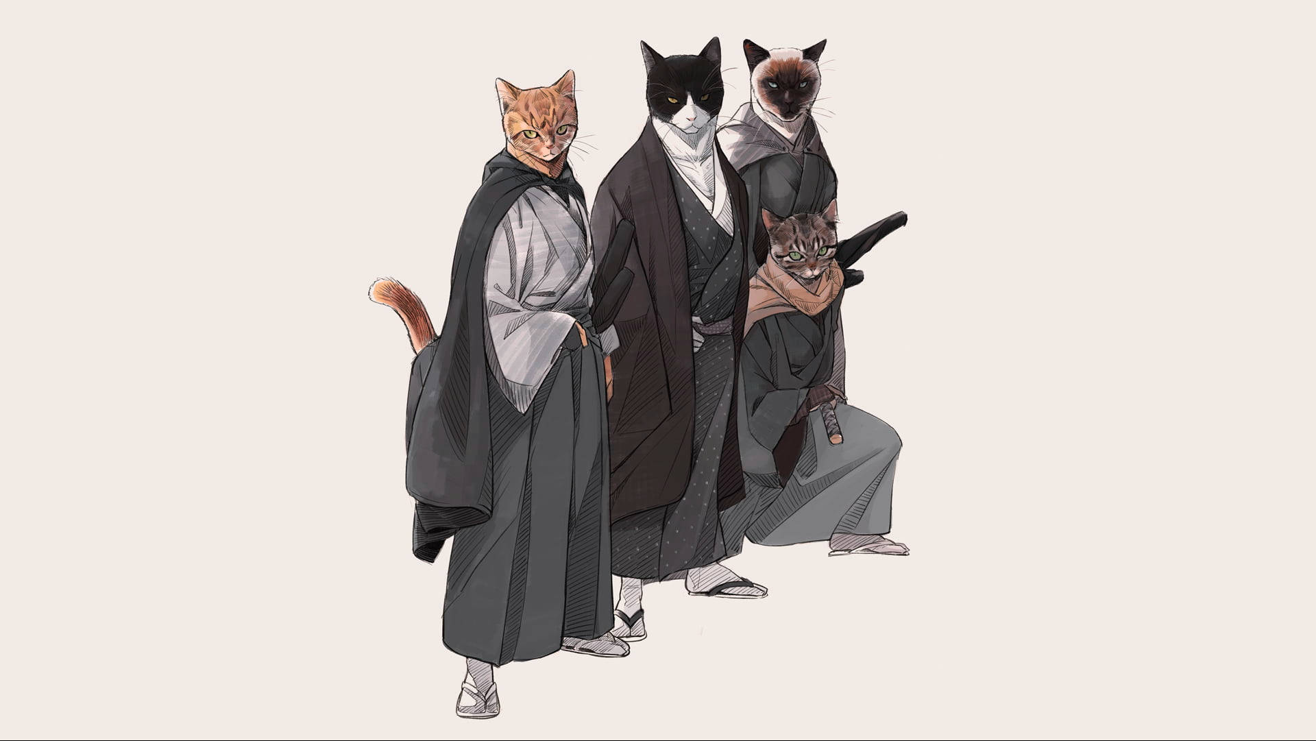 武士動畫 桌布 壁紙 — 三隻擬人化的貓穿著傳統日本長袍，其中一隻抱著一隻小貓，以柔和的數位藝術呈現。