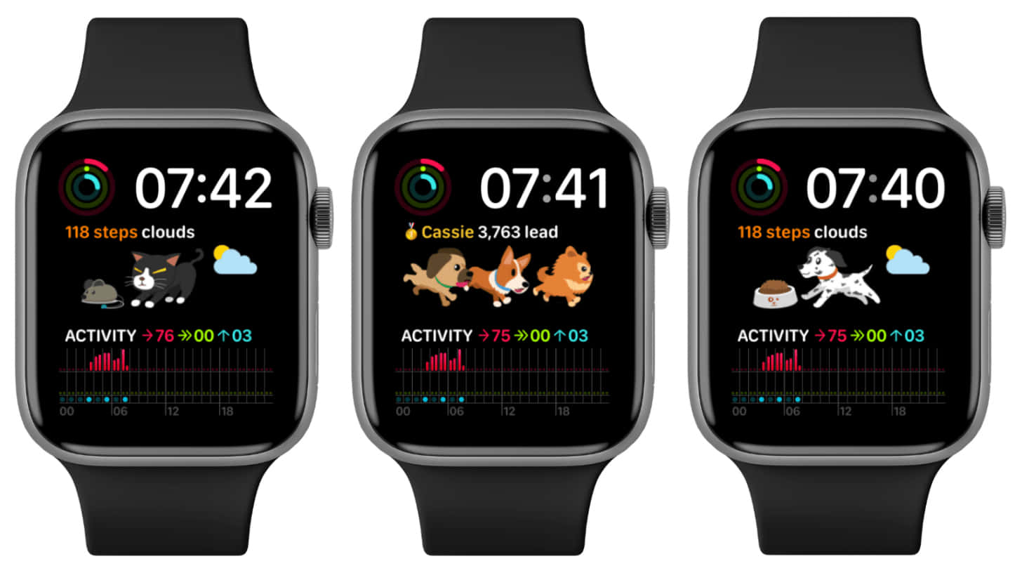 三隻智慧手錶顯示帶有步數和活動數據的寵物主題數位錶面。 — Apple Watch 動態 壁紙
