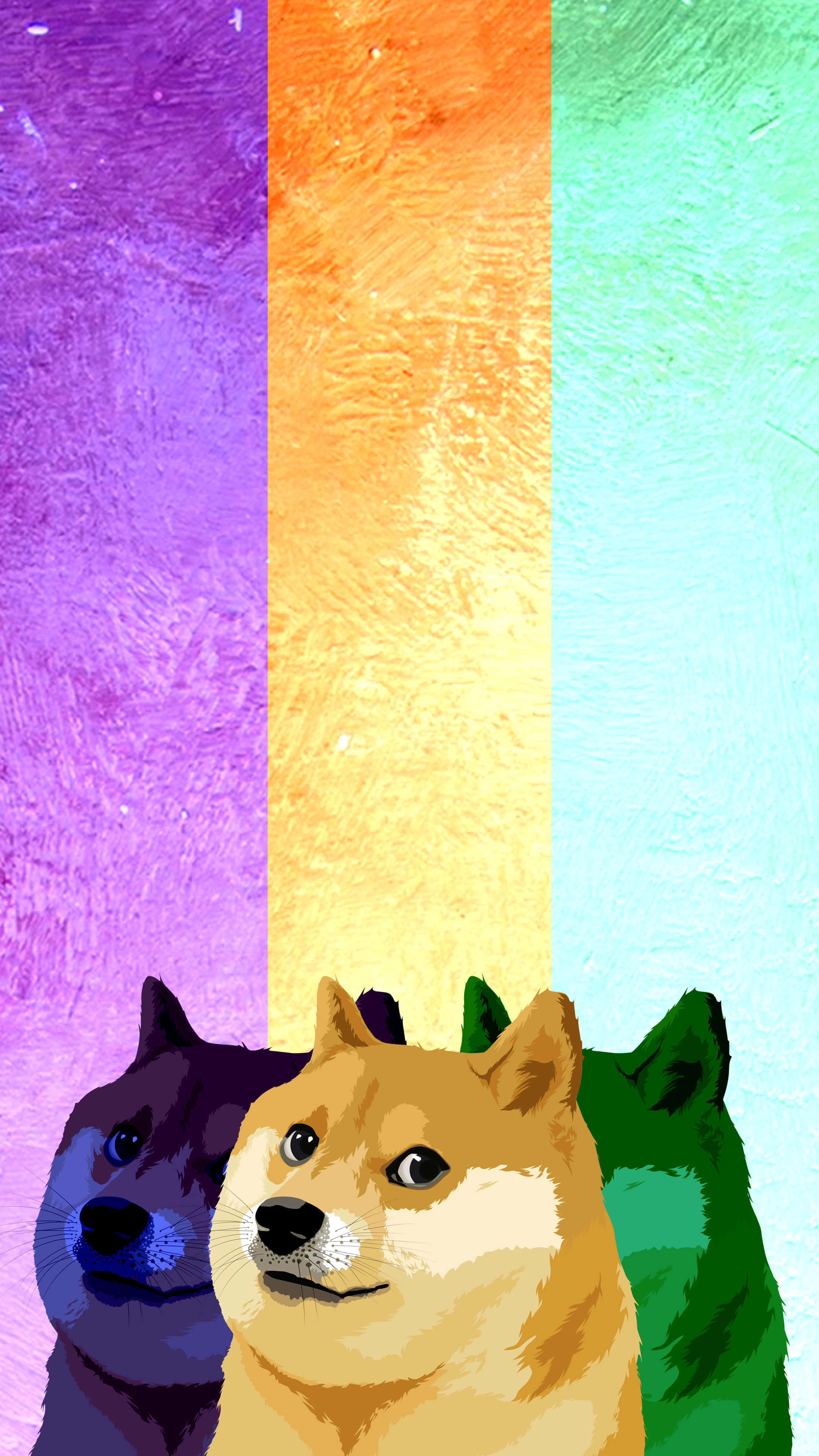 Doge 桌布 壁紙 — 三隻柴犬在充滿活力的彩虹條紋中，帶有紋理筆觸背景。