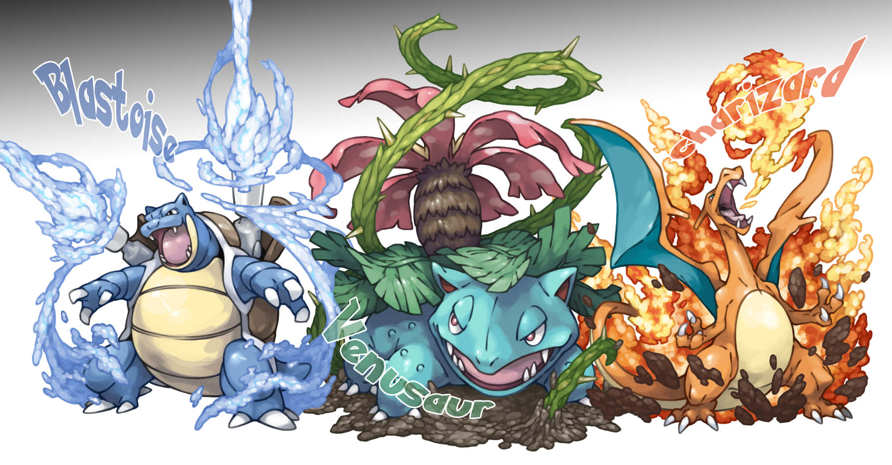 動漫 桌布 壁紙 — 三隻標誌性寶可夢 Blastoise、Venusaur 和 Charizard 在動態動漫風格戰鬥場景中釋放它們的標誌性元素力量。