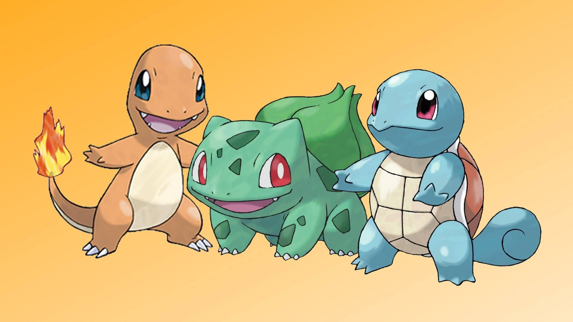 Squirtle 桌布 壁紙 — 三隻標誌性的寶可夢初學者小火龍、妙蛙種子和傑尼龜一起站在溫暖的橙色漸變背景前。
