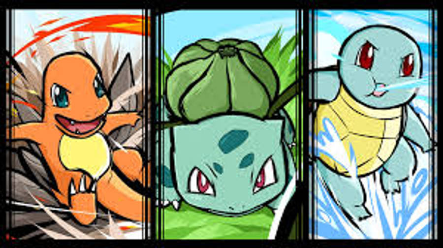 Squirtle 桌布 壁紙 — 三隻標誌性的寶可夢角色小火龍、妙蛙種子和傑尼龜從漫畫格中迸發而出，充滿動感能量和鮮豔色彩。