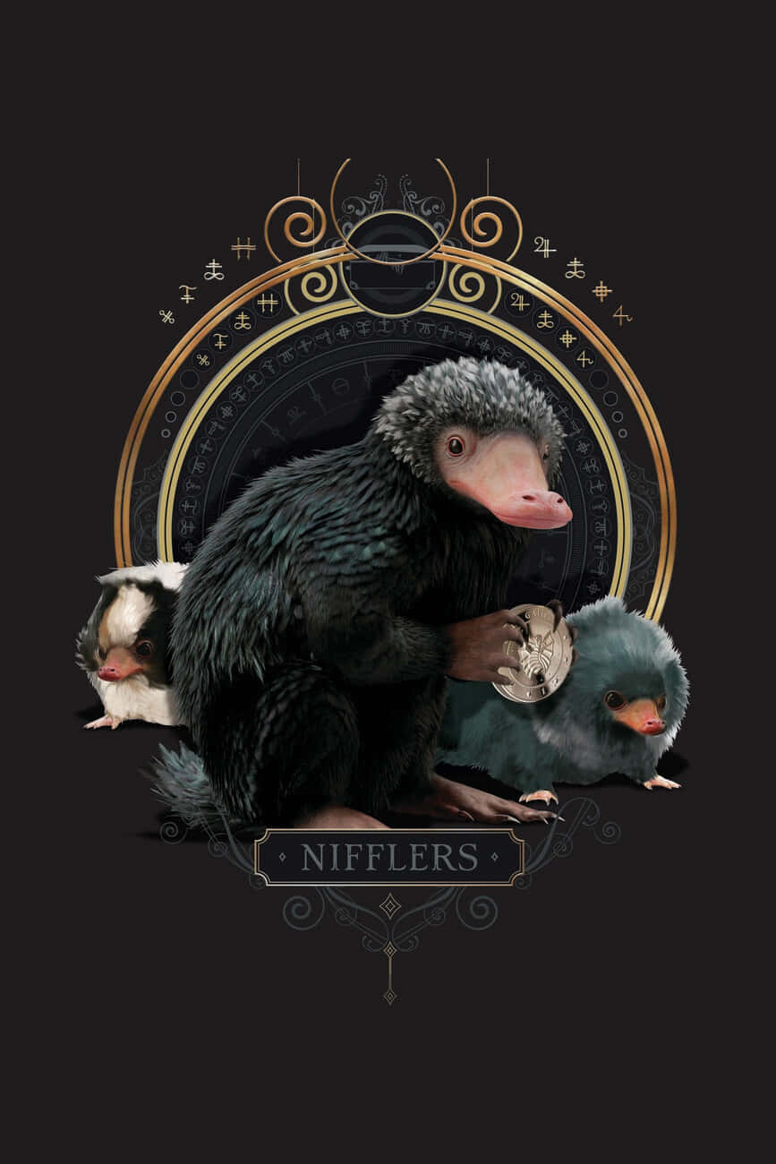 Fantastic Beasts 桌布 壁紙 — 三隻毛茸茸、粉紅色鼻子的奇幻尼法勒聚集在一個華麗的圓形框架內的金幣周圍。