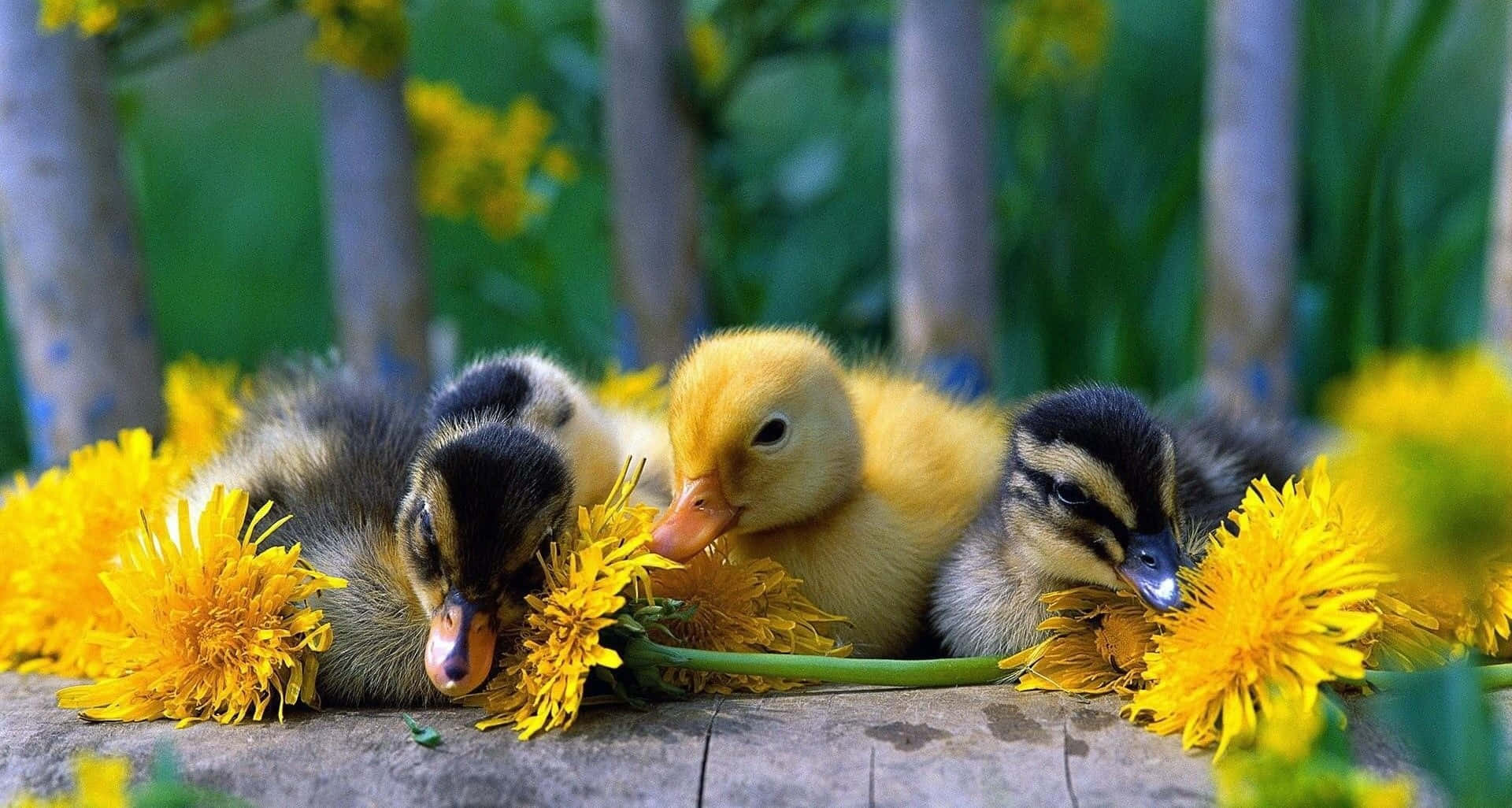 ducklings 桌布 壁紙 — 三隻毛茸茸的小鴨在風化的木質表面上，在鮮黃色的蒲公英之間休息。