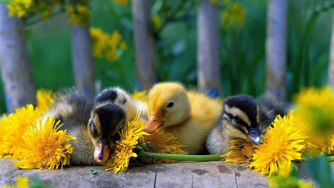 Cute Duck 桌布 壁紙 — 三隻毛茸茸的小鴨子依偎在鮮黃色的蒲公英中，位於木質表面上，背後有綠色樹葉。