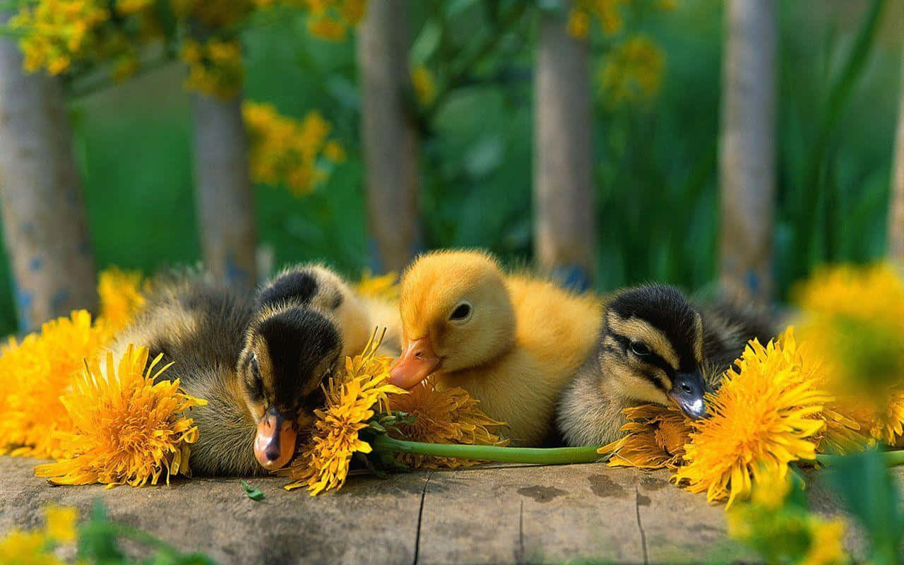 Cute Duck 桌布 壁紙 — 三隻毛茸茸的小鴨子依偎在鮮黃色蒲公英之間，位於經風化的木質表面上。