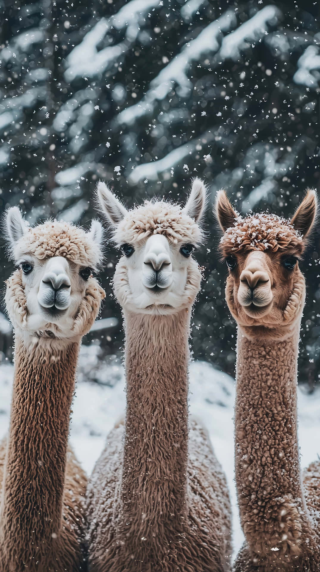 Three alpacas in winter snowfall with a snowy forest background 壁紙 — 三隻毛茸茸的羊駝，身上帶有雪花點綴的羊毛，在雪花飄落的雪森林背景下向前凝視。