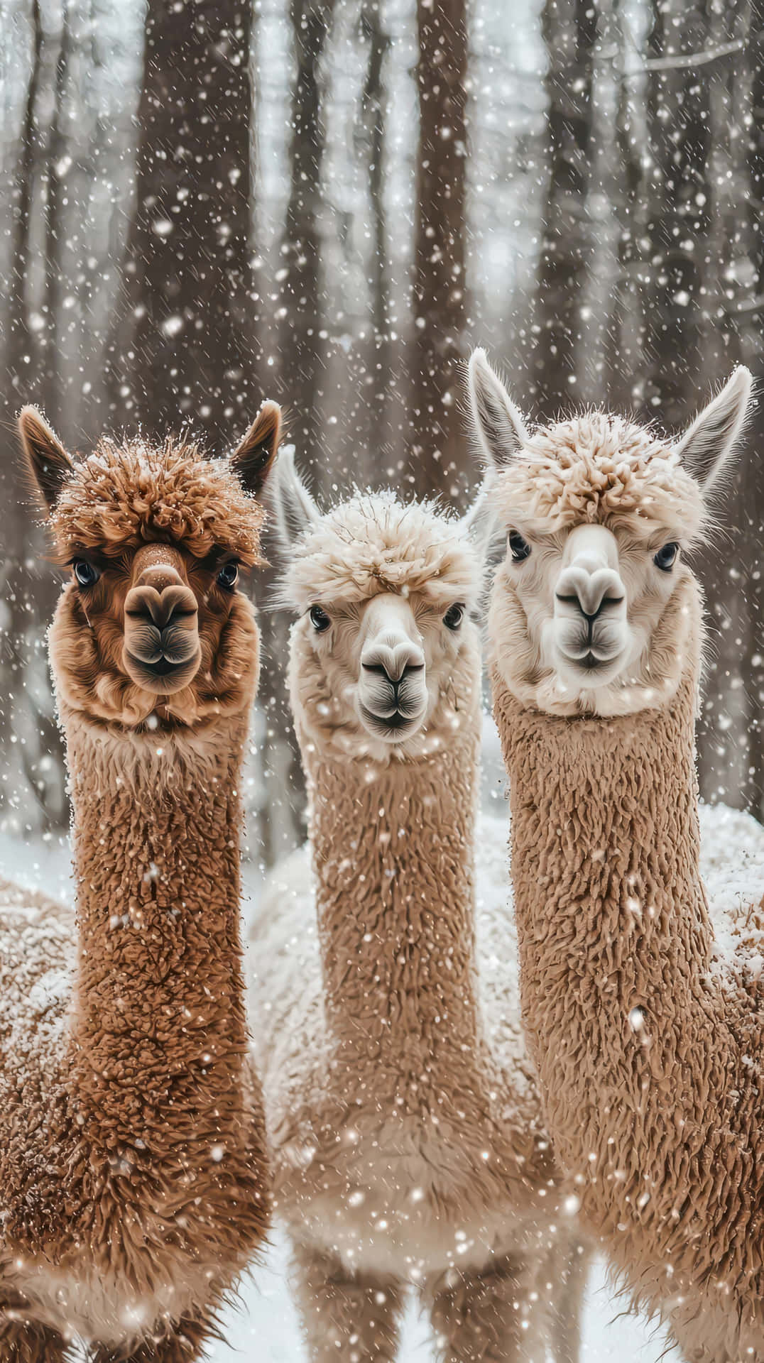 Three alpacas standing in a snowy winter forest with falling snowflakes 壁紙 — 三隻毛茸茸的羊駝在雪地森林中緊靠在一起，雪花輕輕飄落在它們周圍。