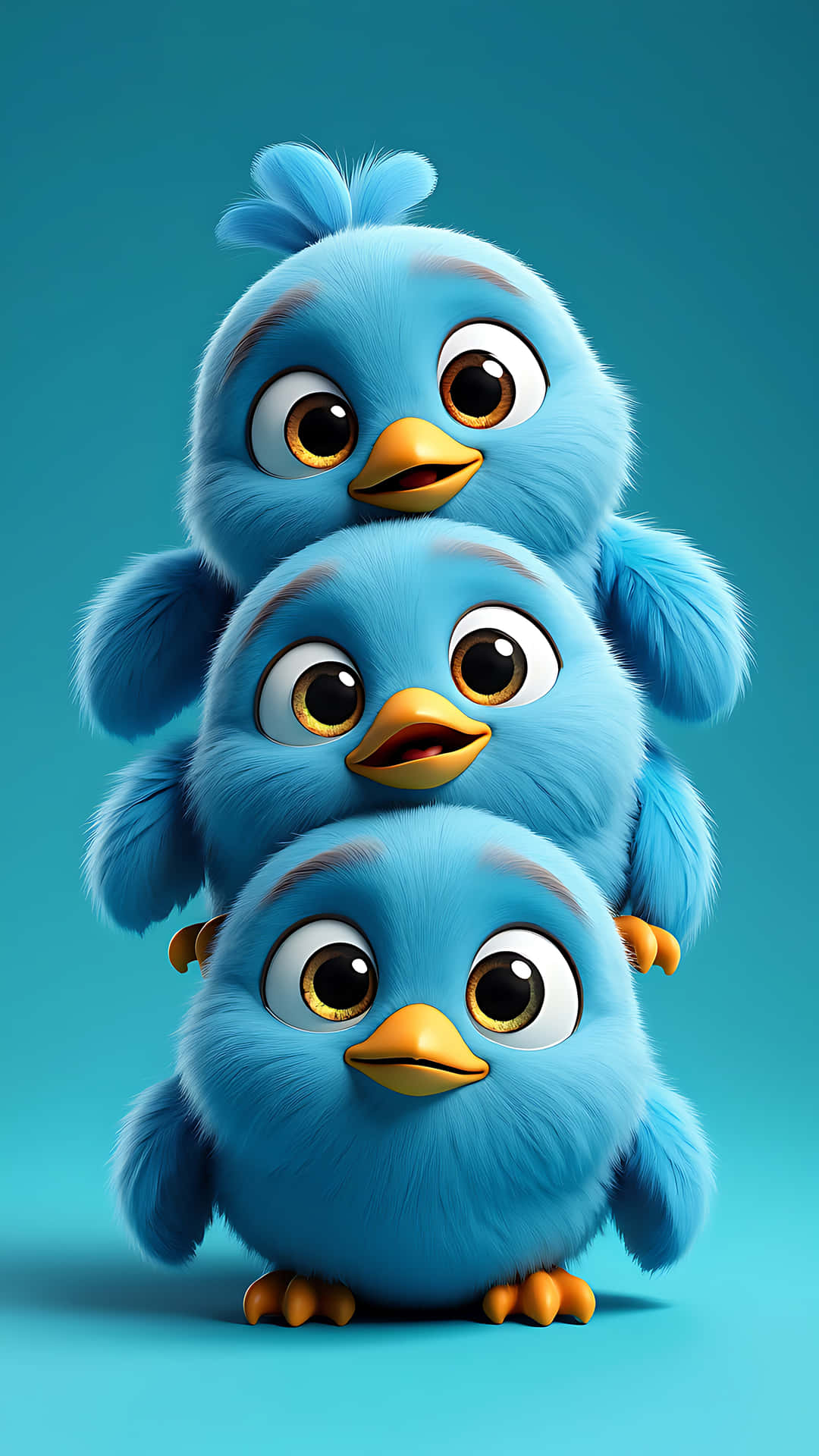 Cute stacked blue birds illustration cartoon design in a simple teal background 壁紙 — 三隻毛茸茸的藍色卡通鳥，有著金色大眼睛，垂直堆疊在純青色背景上。