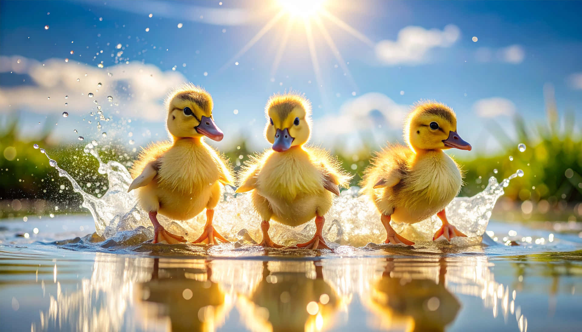 Puddle Playtime 壁紙 — 三隻毛茸茸的黃色小鴨在淺水中嬉戲，陽光燦爛，水滴閃爍，藍天白雲。