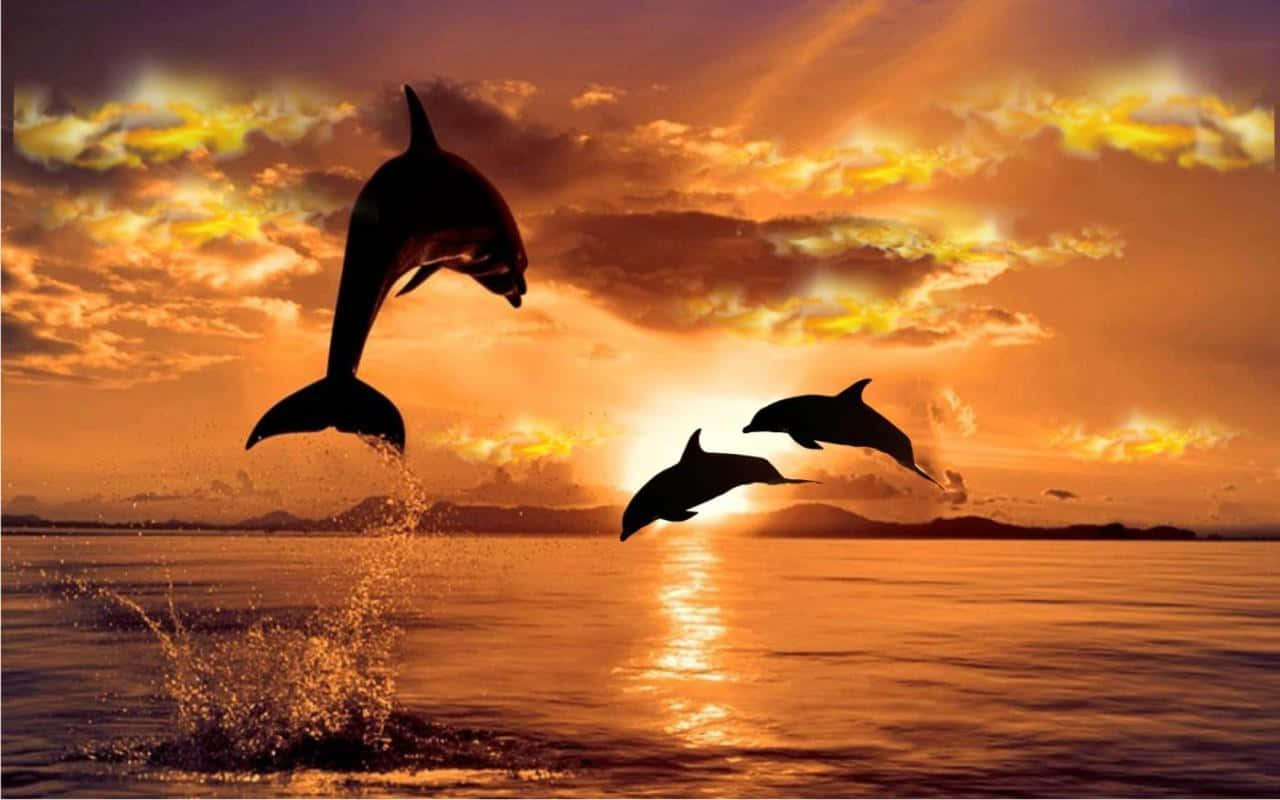 海豚 桌布 壁紙 — 三隻海豚在平靜海面上金色雲彩的熾熱日落背景下以剪影跳躍。