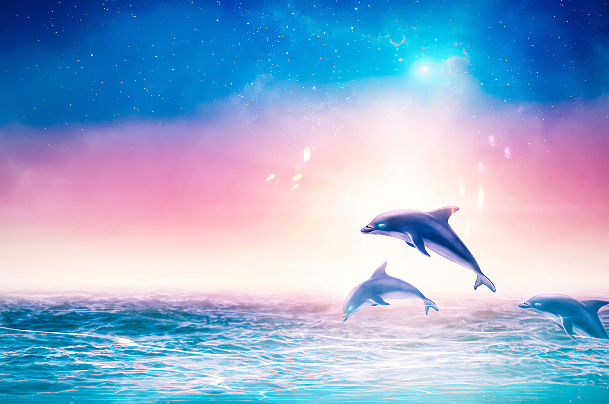dolphins 桌布 壁紙 — 三隻海豚在粉紅色和藍色調的星空下，從發光的藍綠色海洋中優雅地躍起。