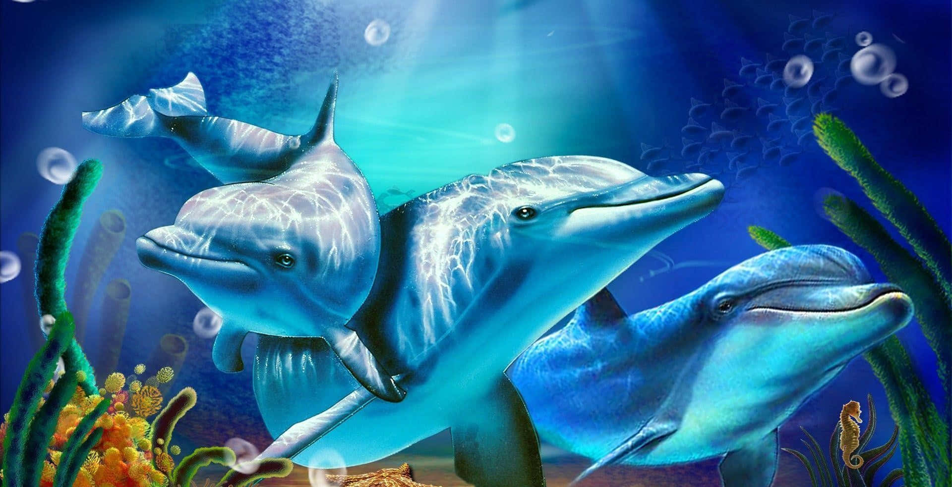Cool Dolphin 桌布 壁紙 — 三隻海豚在陽光照耀的藍色海洋水域中優雅地滑行，周圍環繞著色彩繽紛的珊瑚和漂浮的氣泡。