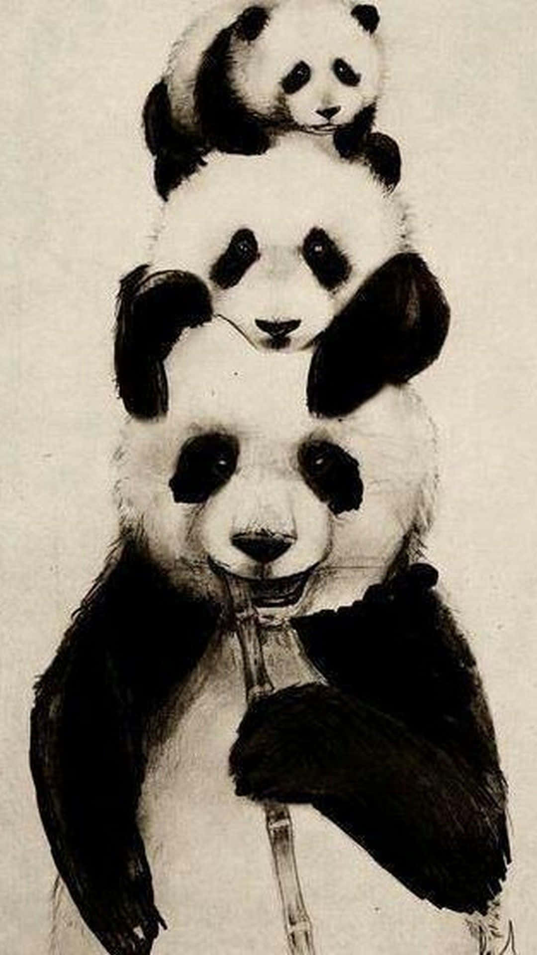 熊貓 桌布 壁紙 — 三隻熊貓垂直疊起，最底下的一隻拿著竹子，以富有表現力的木炭素描風格呈現。