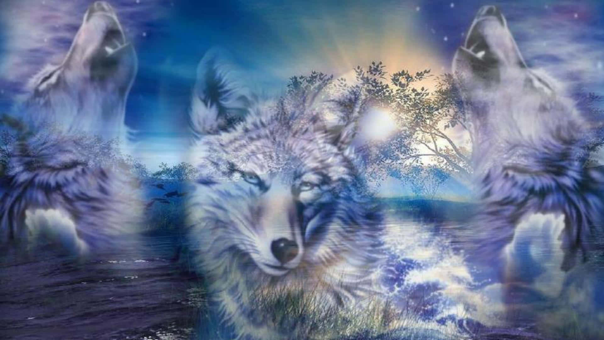 3d Wolf 桌布 壁紙 — 三隻狼在星光燦爛的暮色天空下嚎叫，月光穿過樹林閃爍。