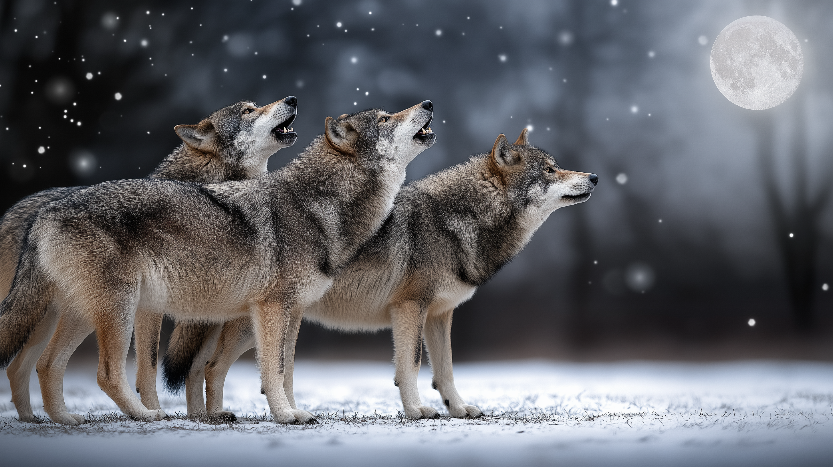 wolves 桌布 壁紙 — 三隻狼站在雪地森林中，在滿月下嚎叫，雪花飄落。