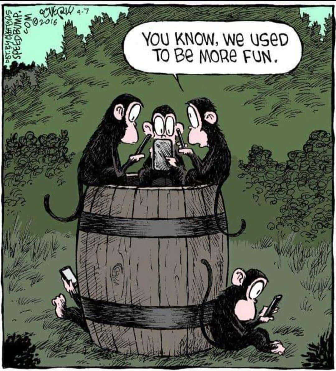 Technology Humor Memes 桌布 壁紙 — 三隻猴子坐在桶上，一隻在地上，全都沉迷於智慧型手機，對話框寫著「你知道我們以前更有趣。」