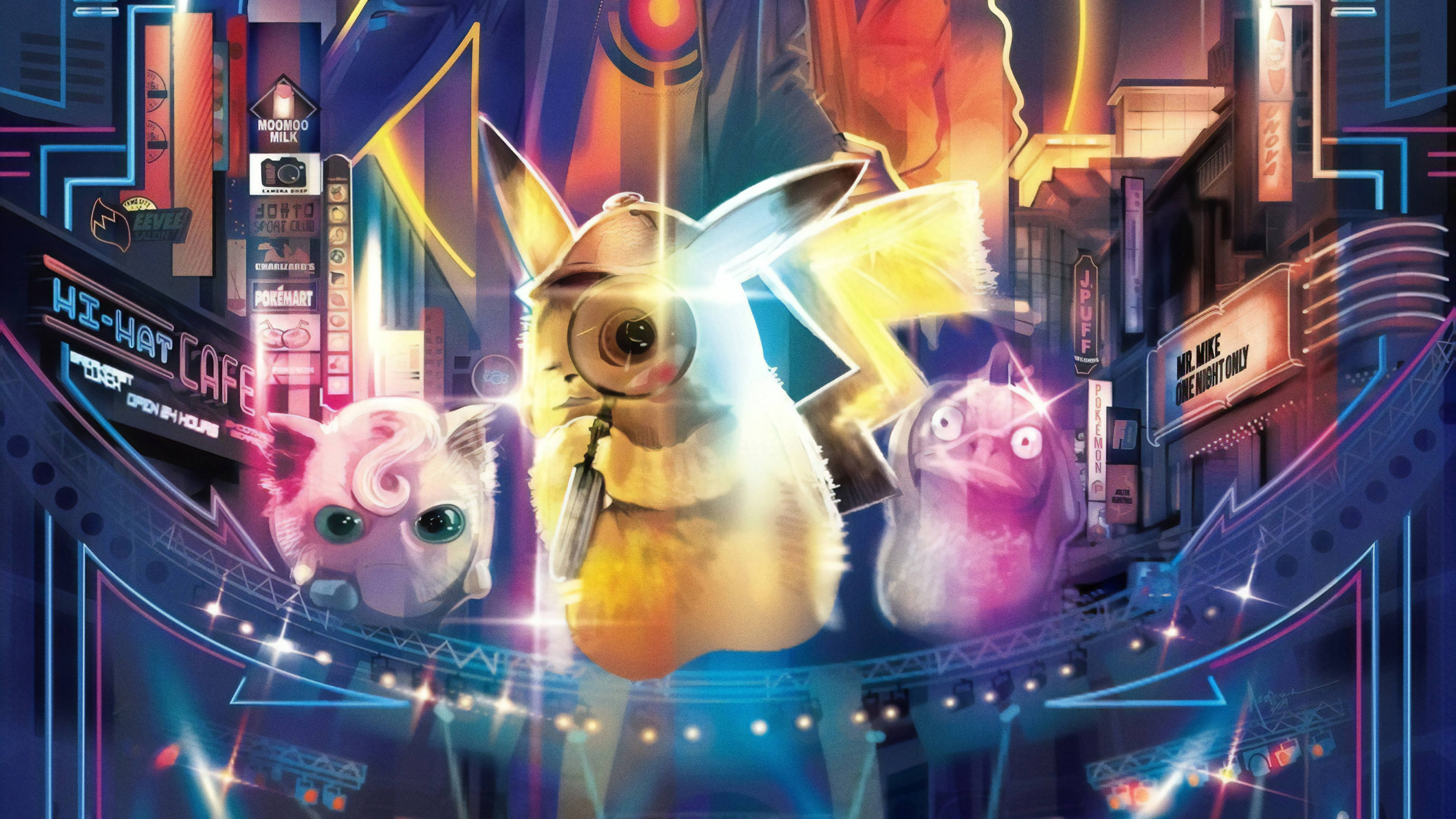 Jigglypuff 桌布 壁紙 — 三隻發光的 Pokémon 漂浮在充滿霓虹燈的 cyberpunk 城市景觀之上，帶有發光的招牌和鮮豔的電光色調。