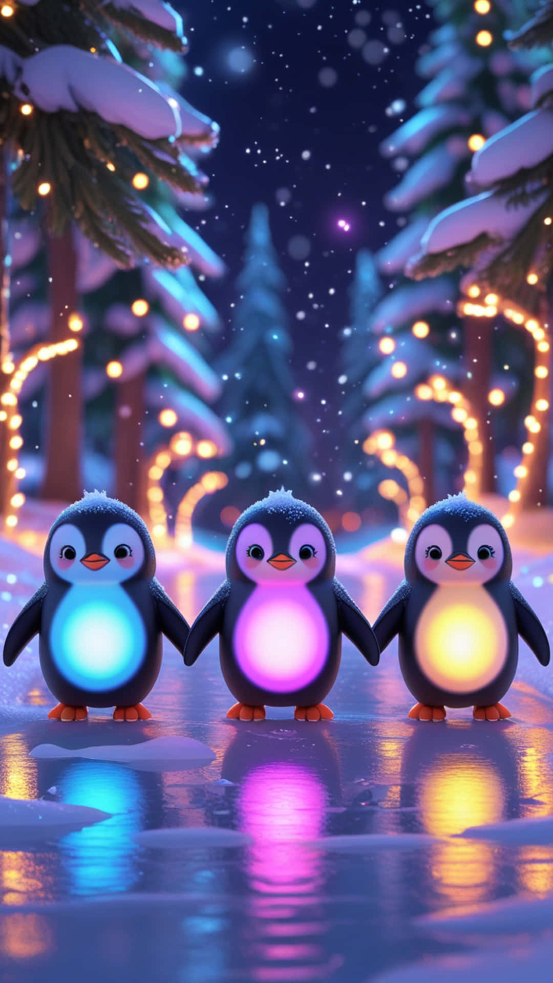 Christmas Wallpaper 壁紙 — 三隻發光的企鵝在魔法冬季森林中，在閃爍燈光下，手牽手站在雪徑上。