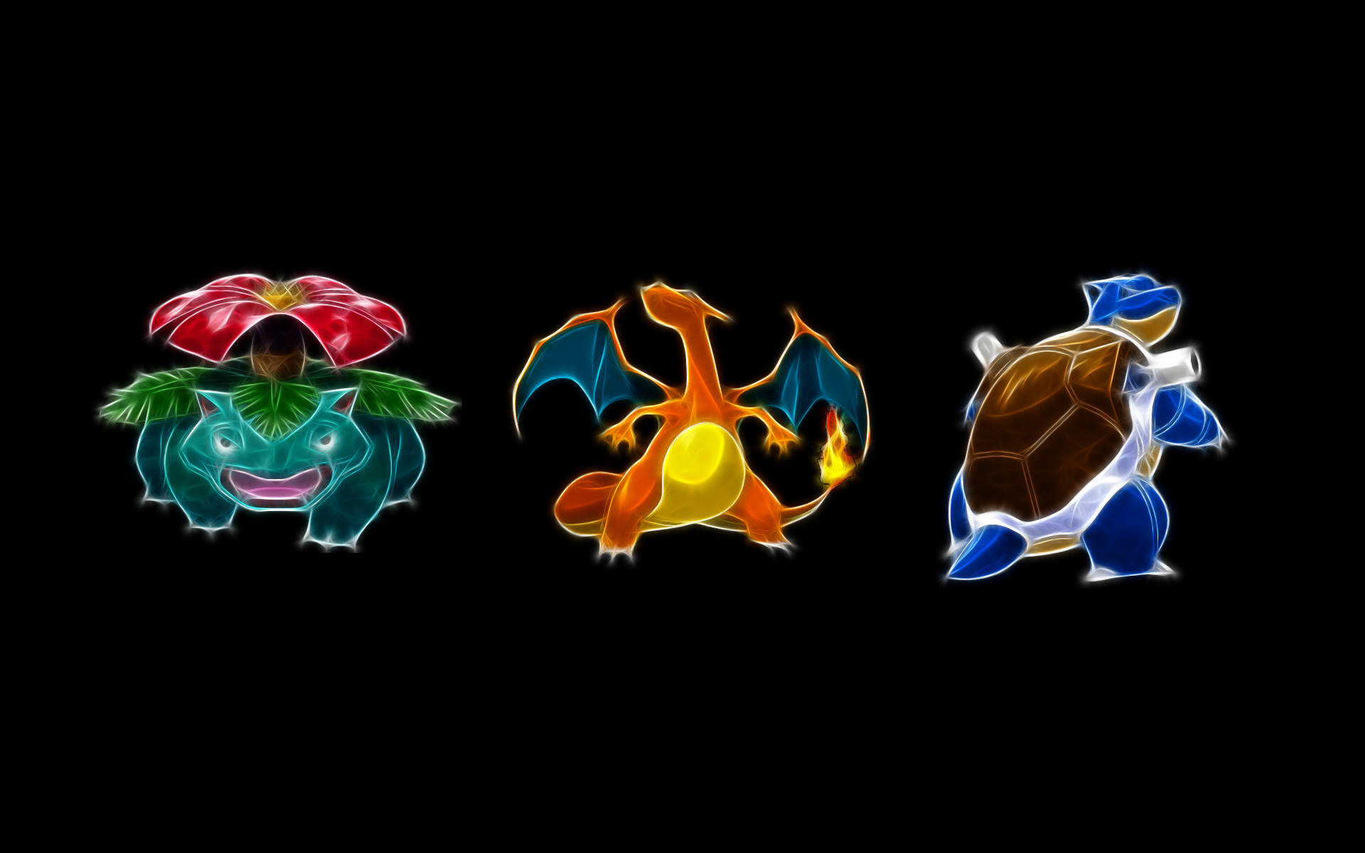 Charmander 桌布 壁紙 — 三隻發光的寶可夢——妙蛙花、噴火龍和水箭龜——在黑色背景上並排站立，帶有發光的輪廓。