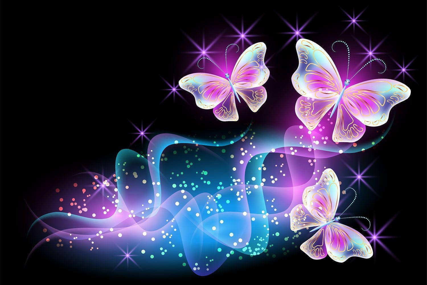 Butterflies 桌布 壁紙 — 三隻發光的彩虹色蝴蝶在旋轉的霓虹絲帶上方翩翩起舞，背景是星光閃爍的黑色。