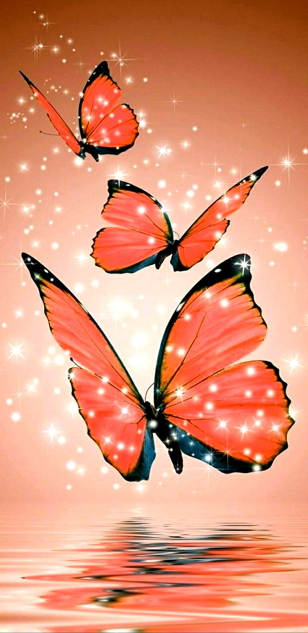 Butterflies 桌布 壁紙 — 三隻發光的橙色蝴蝶，帶有黑色邊緣，在星光燦爛的桃色天空下，在閃爍的水面上飛舞。