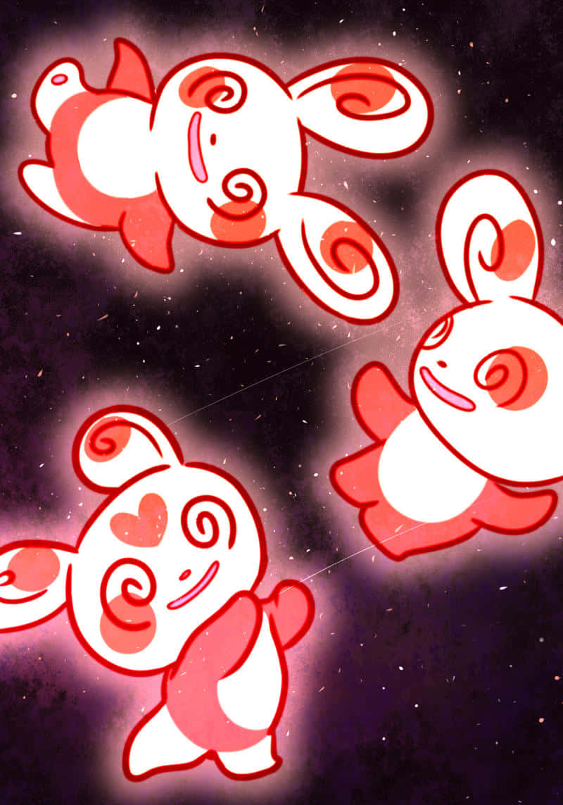 藝術 桌布 壁紙 — 三隻發光的紅色和白色卡通兔子在充滿星星和漩渦圖案的宇宙虛空中快樂漂浮。