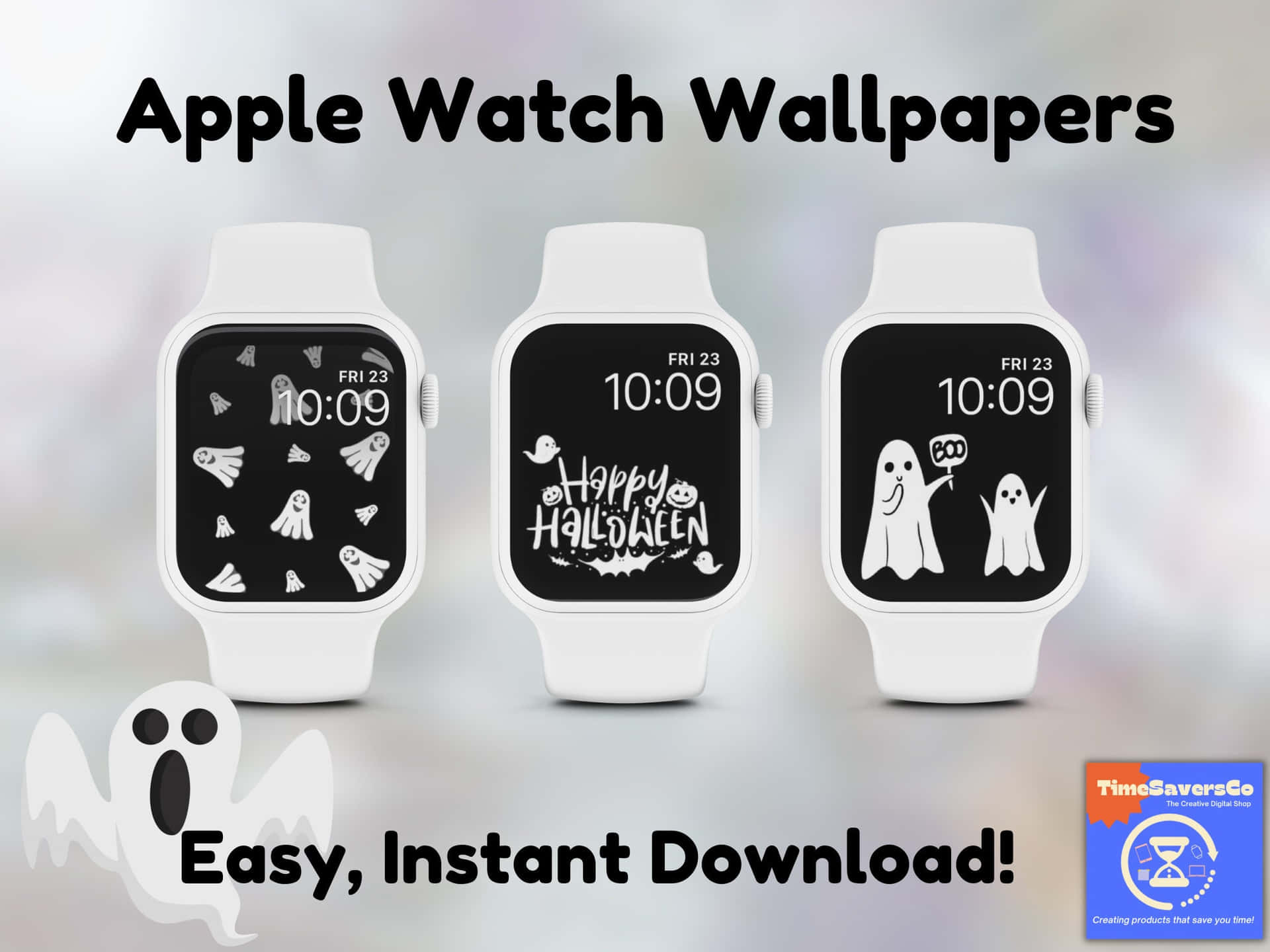 三隻Apple Watch展示帶有鬼魂和文字的萬聖節桌布。 — Apple Watch 動態 壁紙