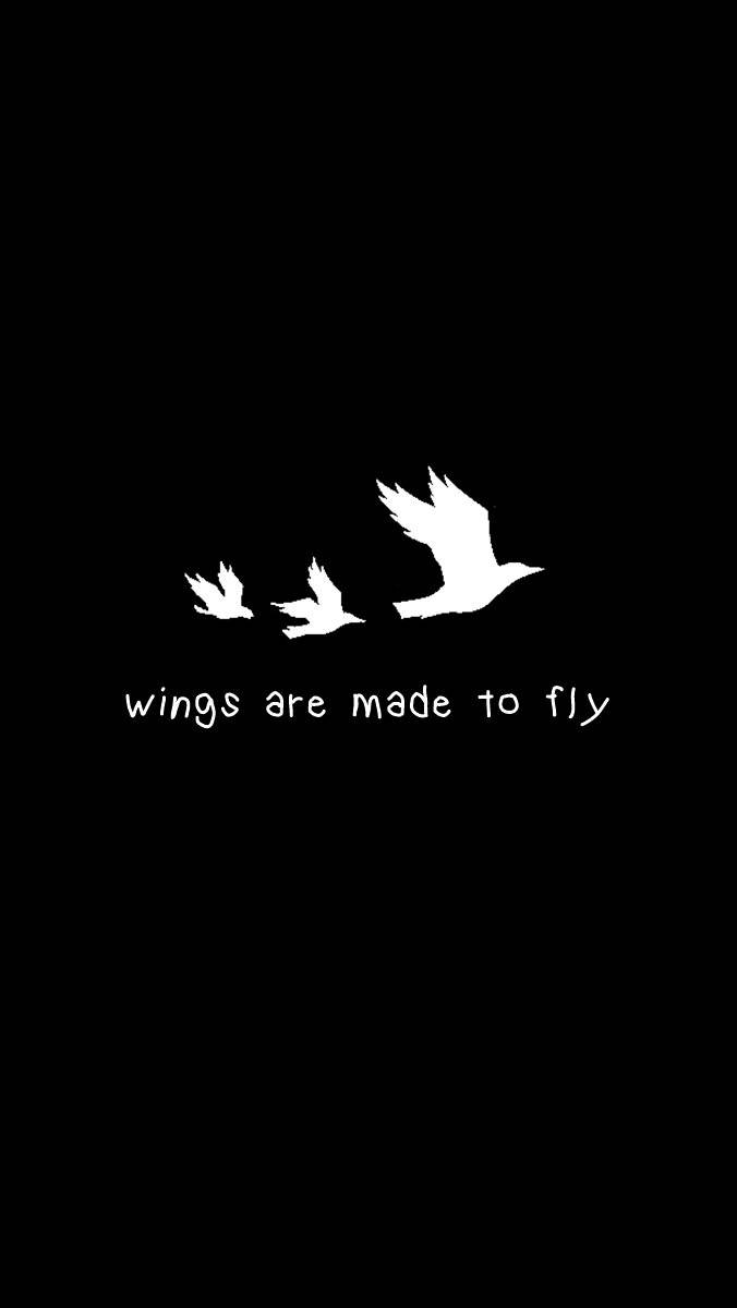 BTS 黑色 桌布 壁紙 — 三隻白色鳥類剪影在黑色背景上翱翔，下方有「wings are made to fly」字句。