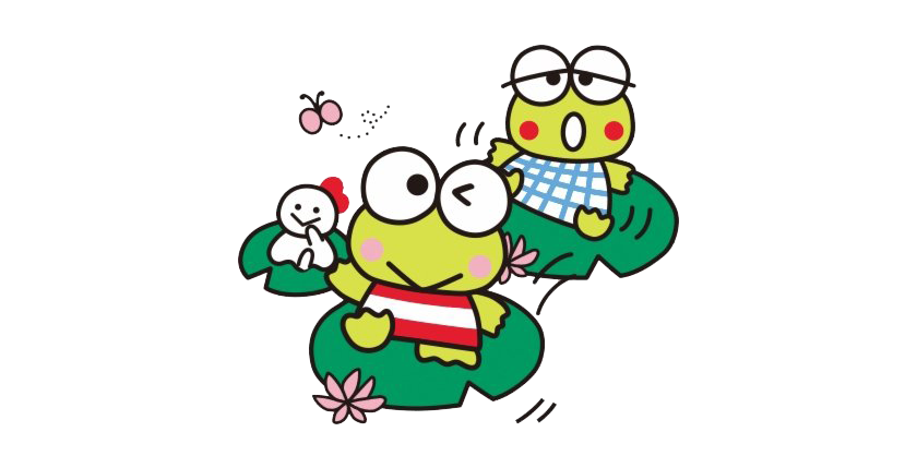 Cute Frog 桌布 壁紙 — 三隻穿著格紋襯衫的卡通青蛙坐在荷葉上，旁邊有粉紅色花朵和一隻蝴蝶在飛舞。