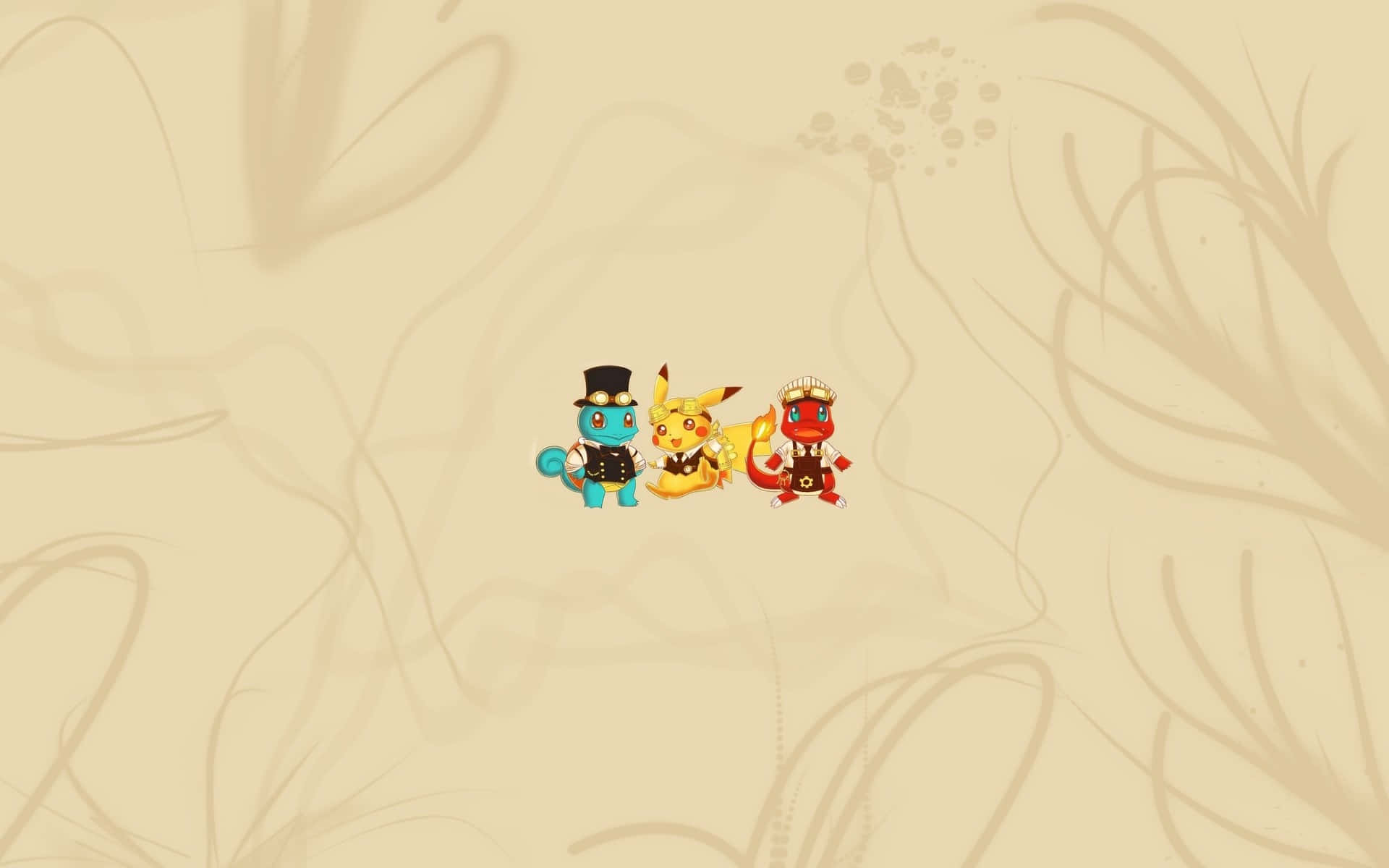 Cute Charmander 桌布 壁紙 — 三隻穿著正式服裝的chibi Pokémon站在一個帶有抽象漩渦的米色背景前。