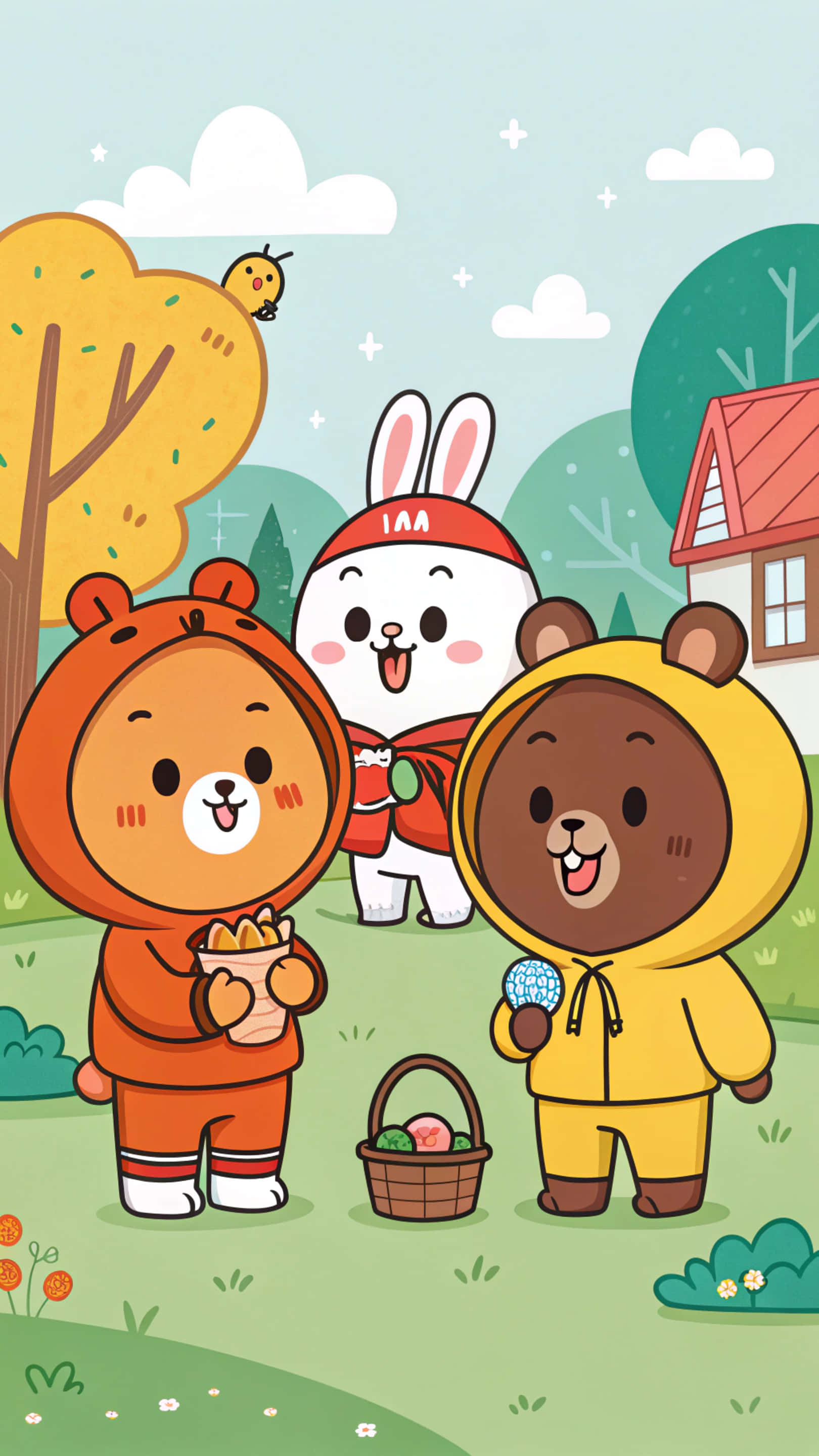 group 桌布 壁紙 — 三隻穿著熊和兔子服裝的歡樂卡通動物在戶外聚集，拿著一籃色彩繽紛的蛋。