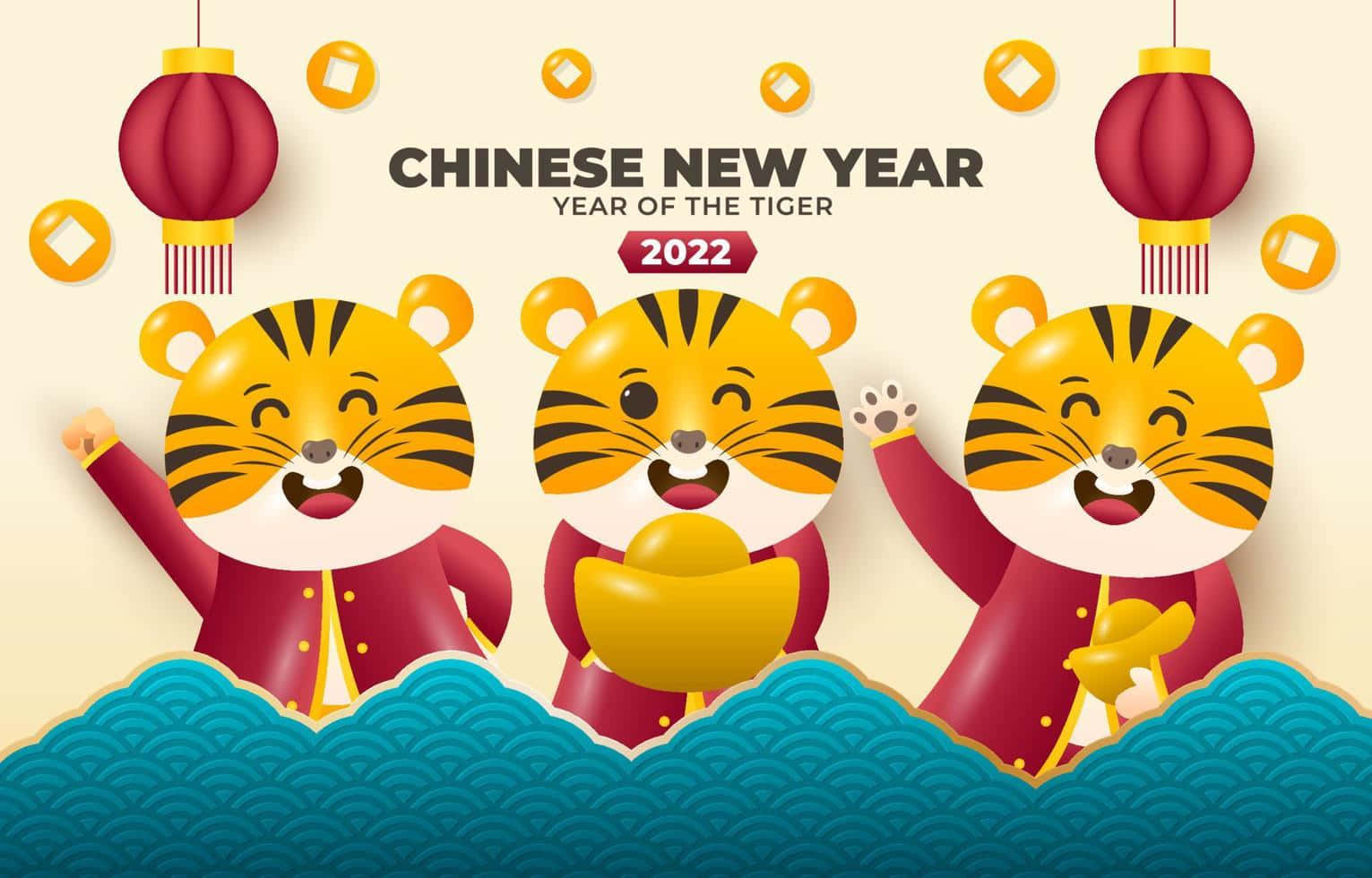 Chinese New Year 2022 桌布 壁紙 — 三隻穿著紅色長袍的快樂卡通老虎，在藍色波浪圖案背景下，手持金錠、燈籠和硬幣，慶祝2022年農曆新年。