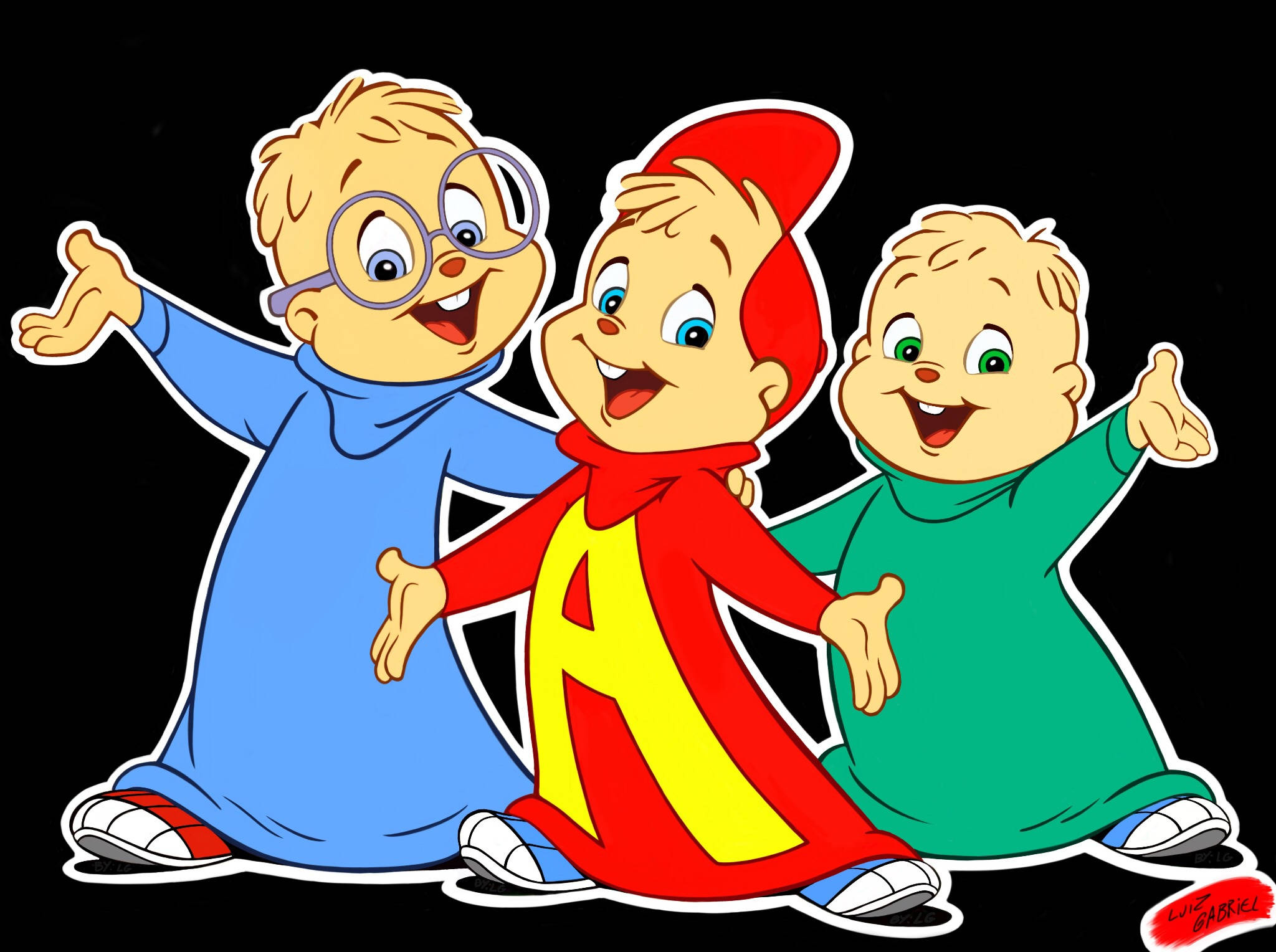 Chipmunks 桌布 壁紙 — 三隻穿著色彩繽紛服裝的快樂卡通花栗鼠在黑色背景前愉快地擺姿勢。