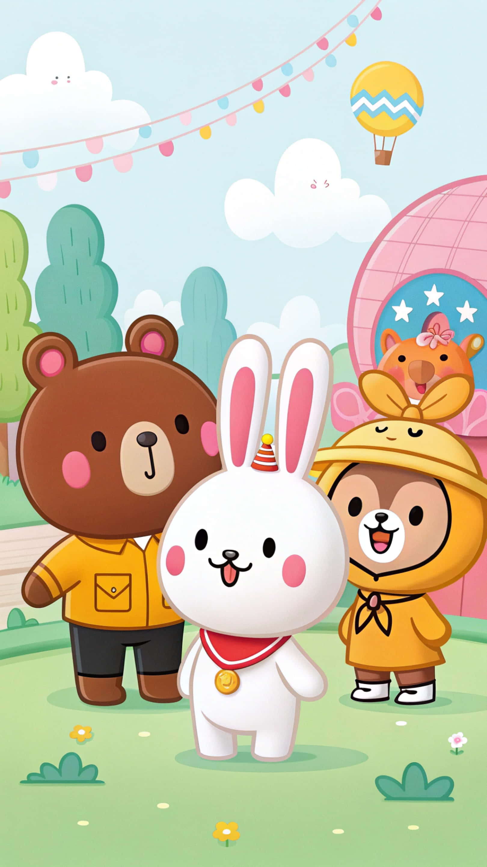 小狗 桌布 壁紙 — 三隻穿著黃色服裝的可愛卡通動物站在一個歡樂的公園裡，頭頂有燈串和一個熱氣球。