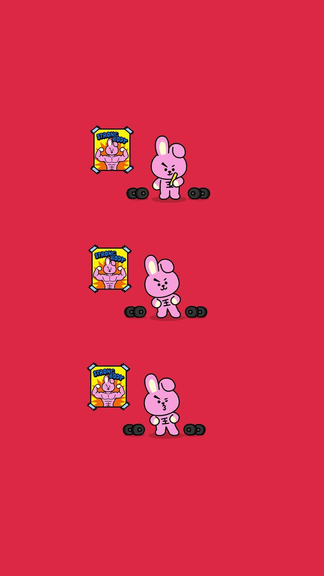 Cooky Bt21 桌布 壁紙 — 三隻粉紅色卡通兔兔在純紅色背景前舉重，後面有一張展示肌肉的海報。