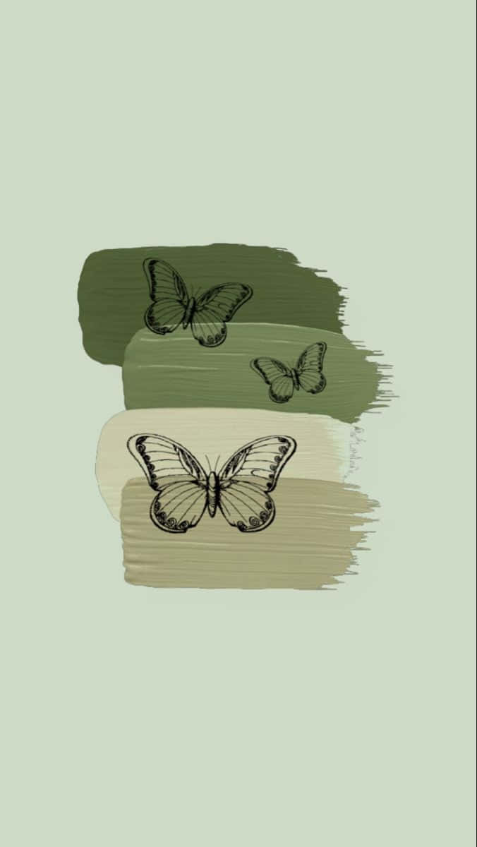 Green Butterfly 桌布 壁紙 — 三隻精緻的黑色線條蝴蝶停留在層疊的橄欖綠、米色和薄荷色油漆樣本上，背景是柔和的薄荷色。