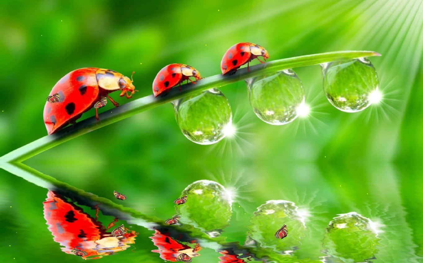 Spring Ladybugs 桌布 壁紙 — 三隻紅色瓢蟲沿著沾滿露水的草葉爬行，倒映在水中，伴隨著明亮的陽光。