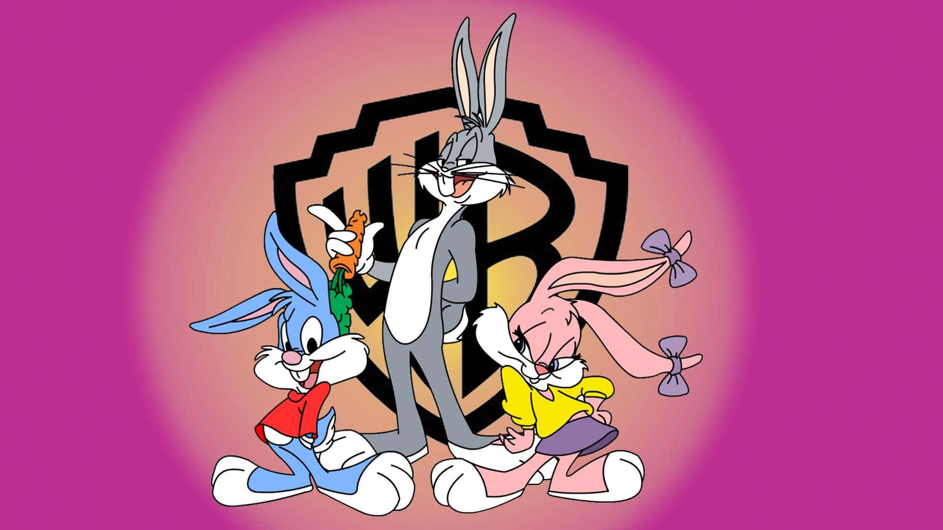 Bugs Bunny Supreme 桌布 壁紙 — 三隻經典卡通兔在發光的洋紅色背景前，在華納兄弟盾牌前愉快地擺姿勢。