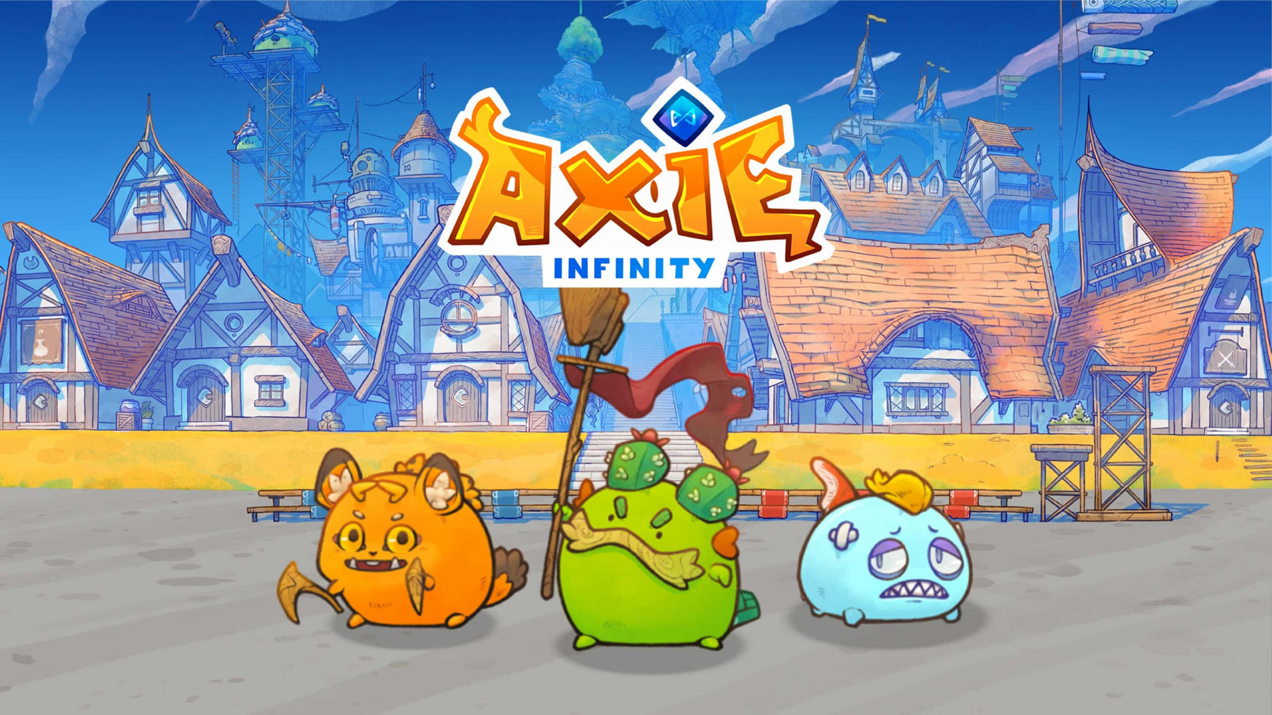 Axie Infinity 桌布 壁紙 — 三隻色彩繽紛的Axie生物站在一個充滿奇幻建築的幻想村莊中，天空湛藍明亮。