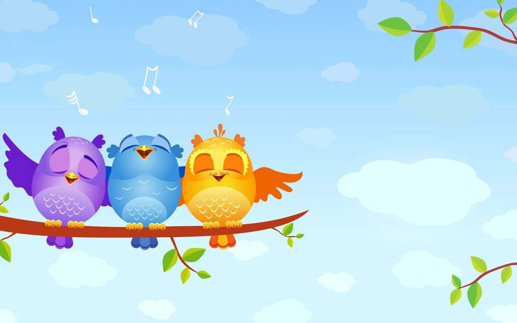 Kawaii Bird 桌布 壁紙 — 三隻色彩繽紛的卡通貓頭鷹棲息在樹枝上，在柔和的藍天和蓬鬆的雲朵背景下唱著音符。