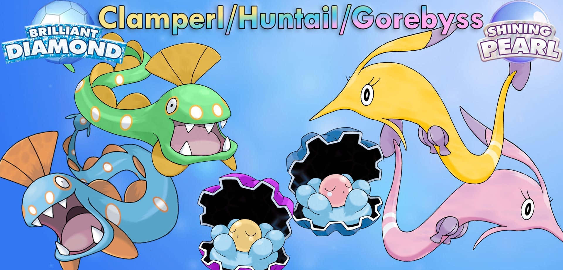 Gorebyss 桌布 壁紙 — 三隻色彩繽紛的寶可夢 Clamperl、Huntail 和 Gorebyss 在明亮的藍色漸變背景上快樂地游動，遊戲標題漂浮在上方。