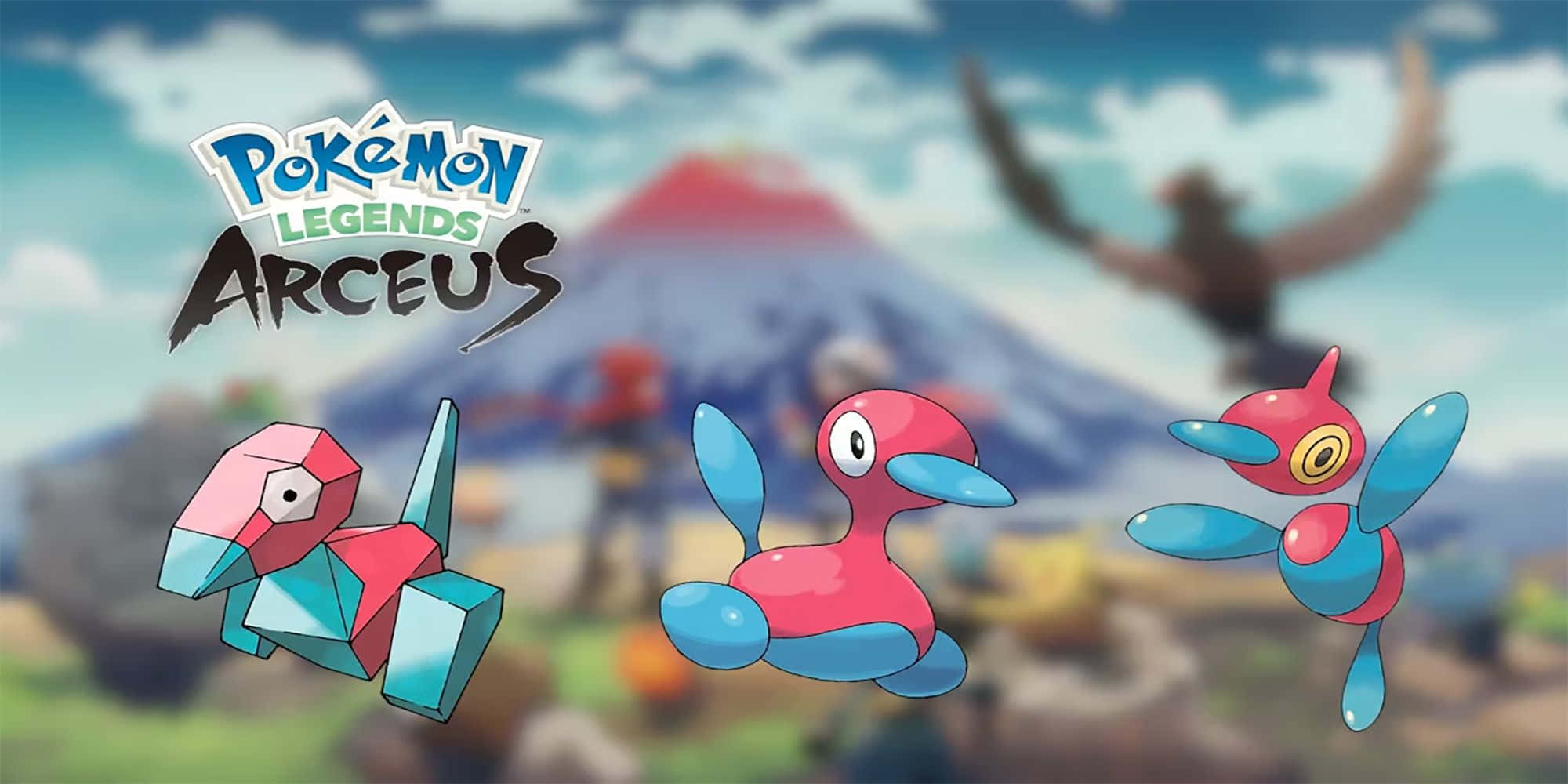 Porygon2 桌布 壁紙 — 三隻色彩繽紛的寶可夢漂浮在雪山前，背景中有一隻大鳥的剪影。