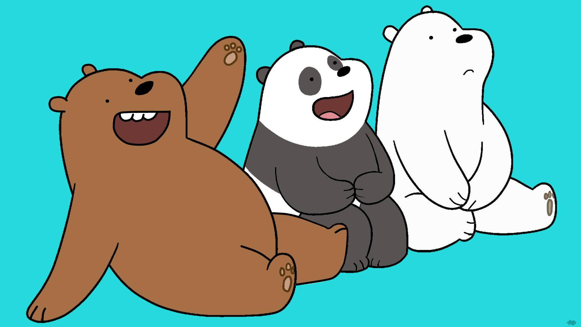 Cartoon Network Characters 桌布 壁紙 — 三隻色彩鮮豔的卡通熊坐在純青色背景上，微笑並愉快地揮手。