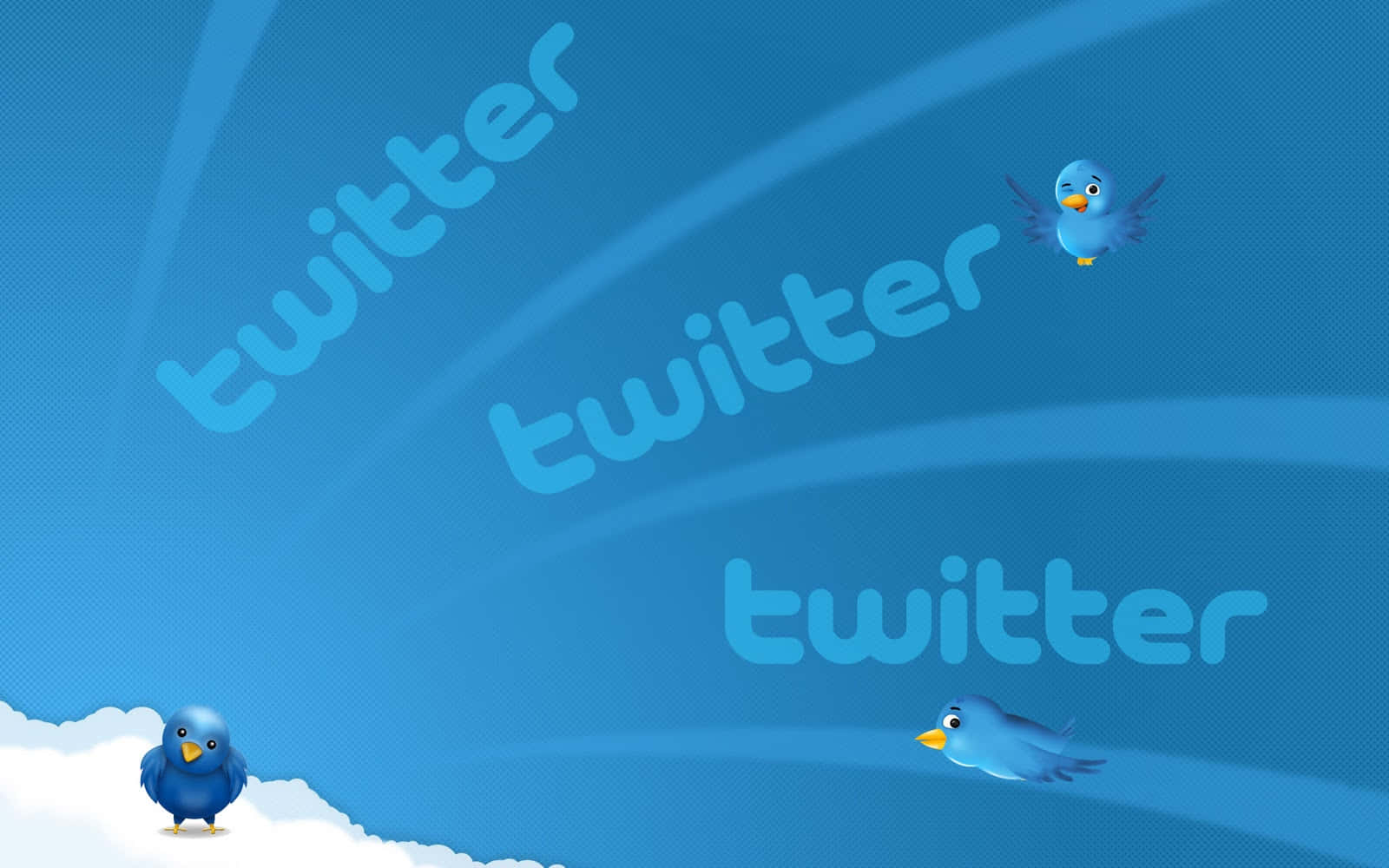 Twitter 桌布 壁紙 — 三隻藍色Twitter鳥飛過漸變藍色天空，並以對角線重複出現twitter字樣。