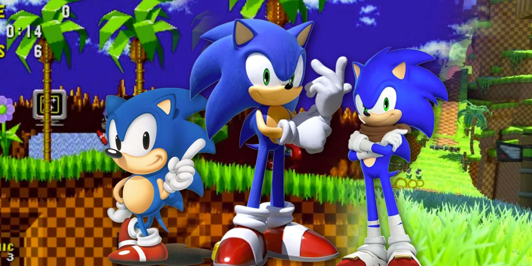 Classic Sonic 桌布 壁紙 — 三隻藍色刺蝟以經典電玩風格在充滿活力的叢林關卡中愉快地擺姿勢，背景有棕櫚樹和像素化地形。