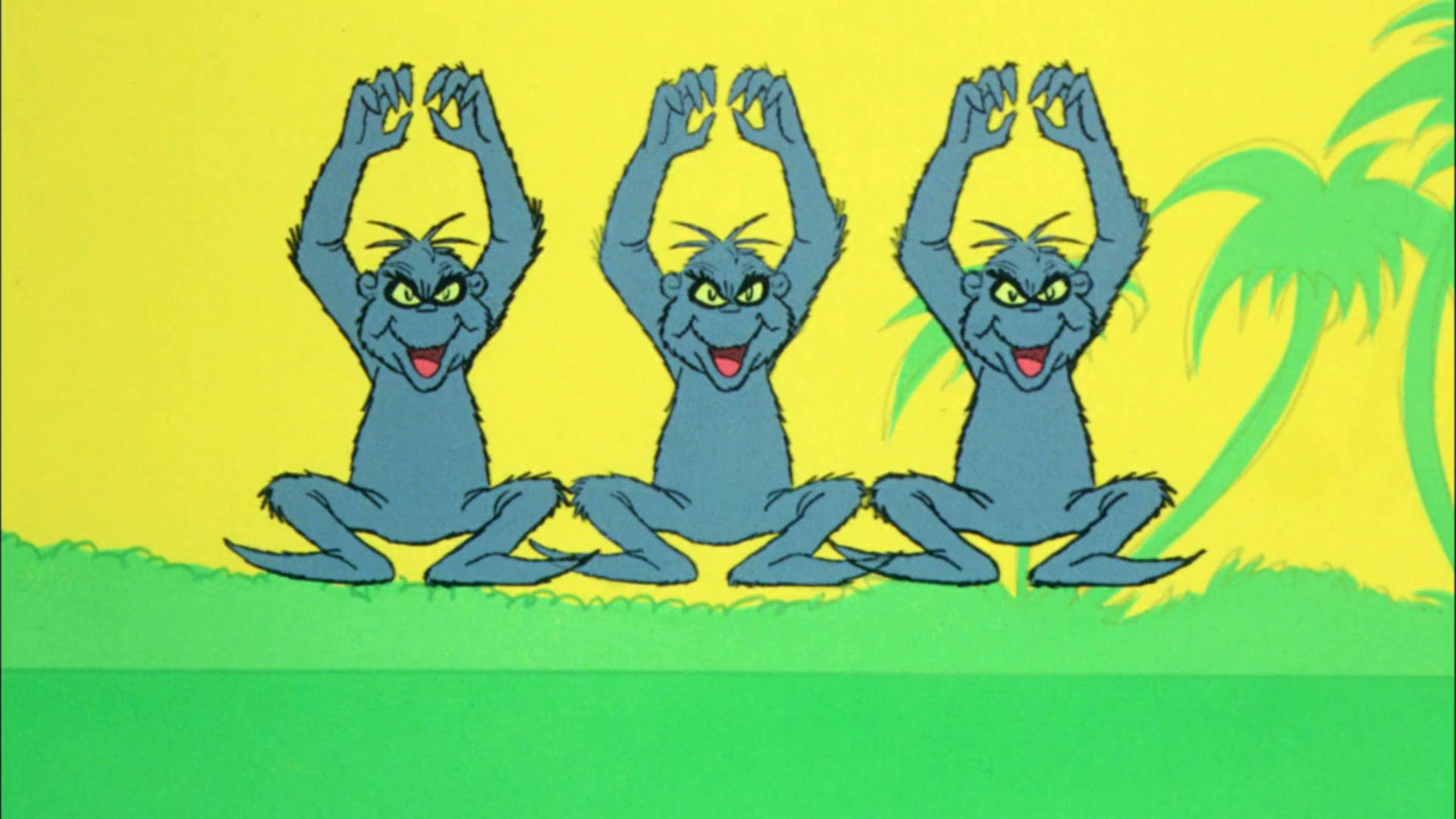 horton hears a who 桌布 壁紙 — 三隻藍色卡通猴子坐在綠色草地上排成一排，雙手遮眼，嘴巴張開，背景是明亮的黃色和一棵棕櫚樹。