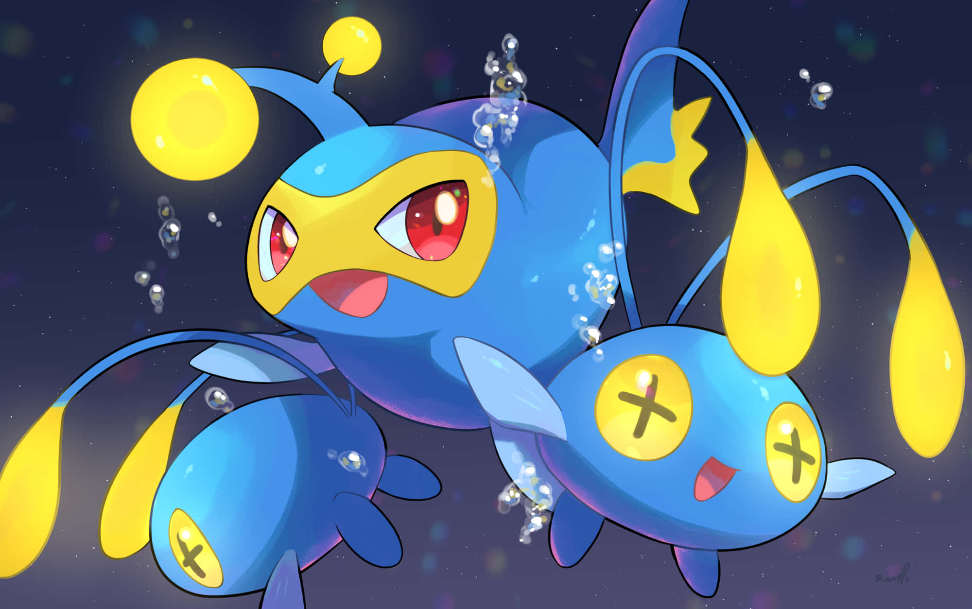 Pokemon Aesthetic 桌布 壁紙 — 三隻藍色和黃色的電系寶可夢在星光燦爛的夜空中快樂地游動，伴隨著發光的球體和泡泡。